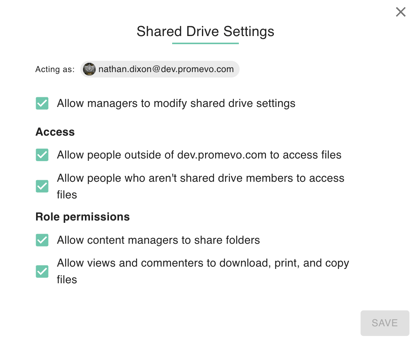 gPanel "Shared Drive Settings" menu with checkboxes for external access, member permissions, and role-based sharing restrictions.