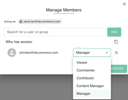 gPanel "Manage Members" pop-up showing a user search bar and a dropdown menu for selecting roles like Viewer, Contributor, or Manager.