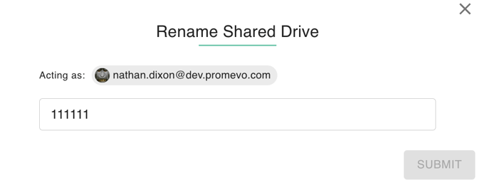 gPanel "Rename Shared Drive" pop-up with a text input field to update a Google Shared Drive name.