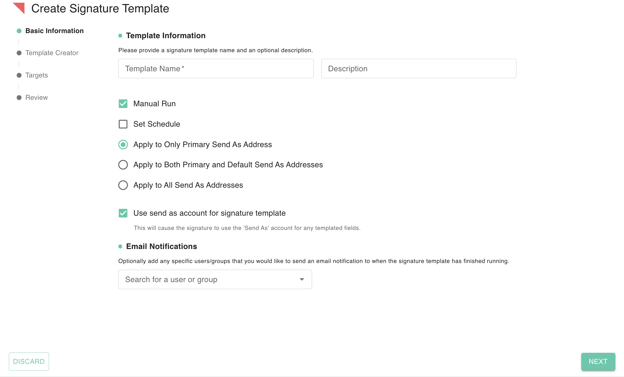 gPanel Create Signature Template interface showing Basic Information setup, including manual or scheduled run options and Send As address preferences.