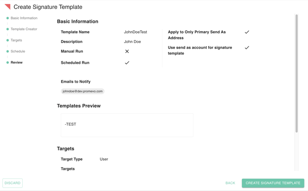 gPanel Create Signature Template Review screen displaying a summary of template details, preview, and targets before final deployment.