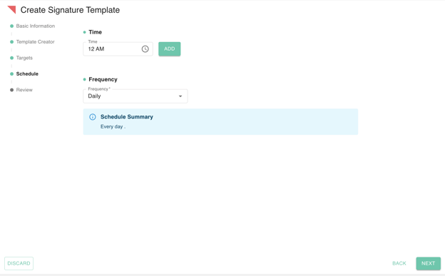 gPanel Create Signature Template Schedule interface with options to set the specific time and frequency for automated signature deployment.