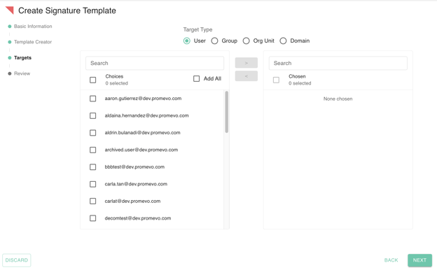 gPanel Create Signature Template Targets interface showing Target Type selection for Users, Groups, Org Units, or Domains.
