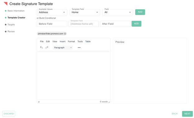 gPanel Template Creator interface featuring dynamic variable mapping, conditional logic builder, and a real-time signature preview pane.