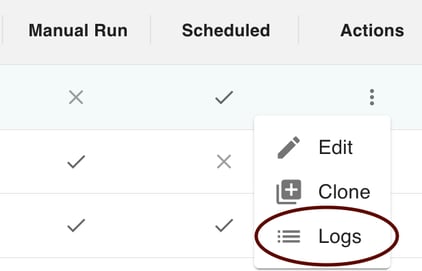 gPanel Signature Templates action menu with the Logs option highlighted to view the run history and update status of a specific template.