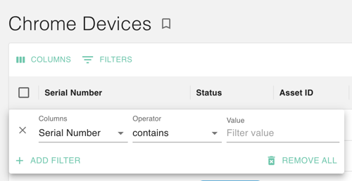 Screenshot showing filtering options for Chrome devices in gPanel