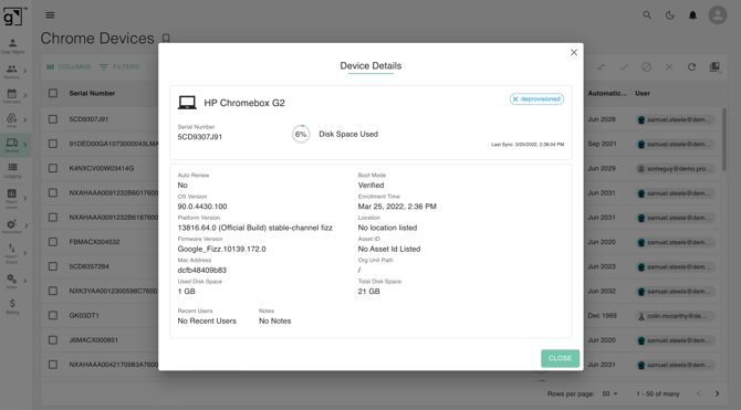 A screenshot showing ChromeOS Device details in gPanel