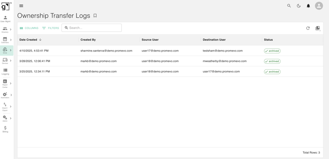 Screenshot showing Google Drive ownership transfer logs in gPanel