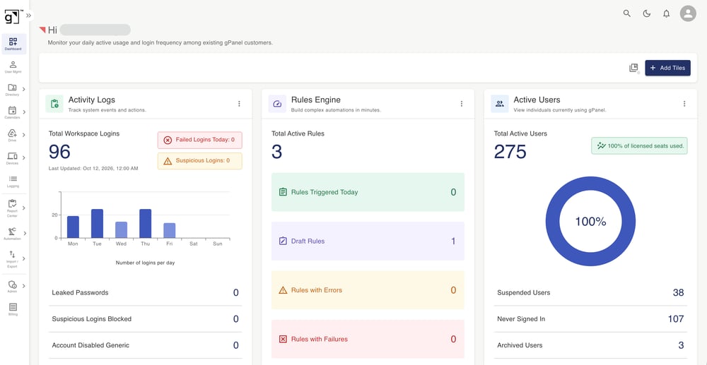 gPanel Command Dashboard Screenshot