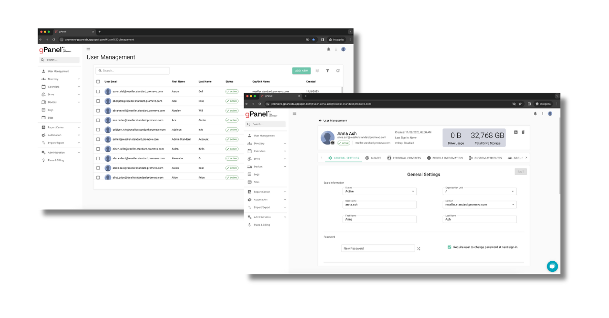 gPanel User Management UI Update Screenshots