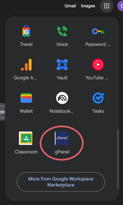 gPanel in the Google Workspace Apps Selector