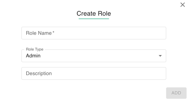 The image displays a user interface for creating a new role. It includes fields for entering a role name, selecting a role type, and adding a description. There is an 'ADD' button to submit the information.