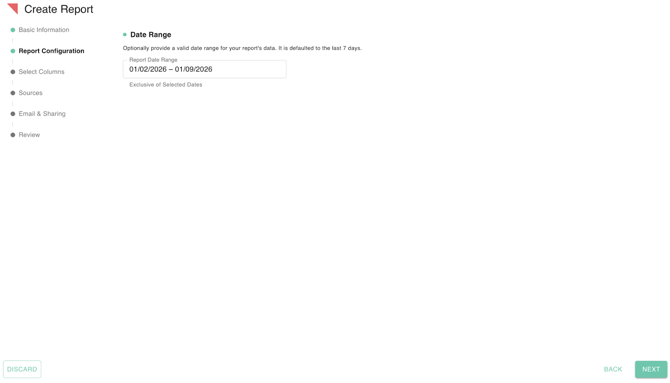gPanel Report Configuration screen showing the Date Range selection for report data.