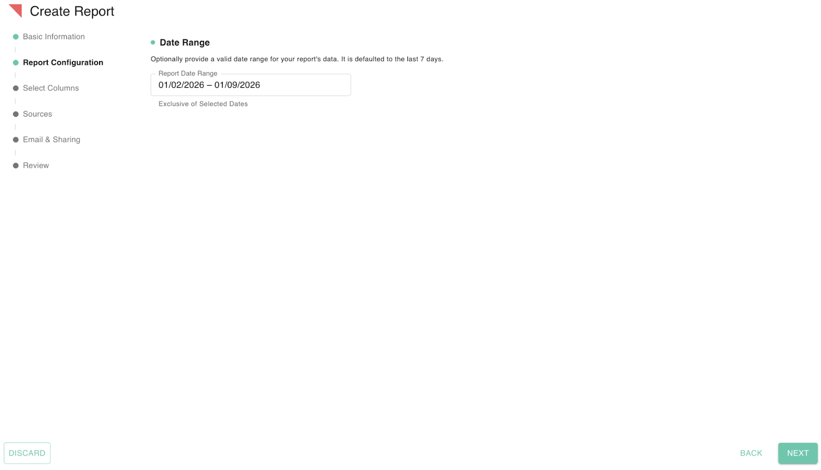 gPanel Report Configuration screen showing the Date Range selection for report data.