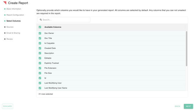 gPanel Select Columns interface displaying a checklist of available report fields like Doc Owner, Doc Title, and Created Date.