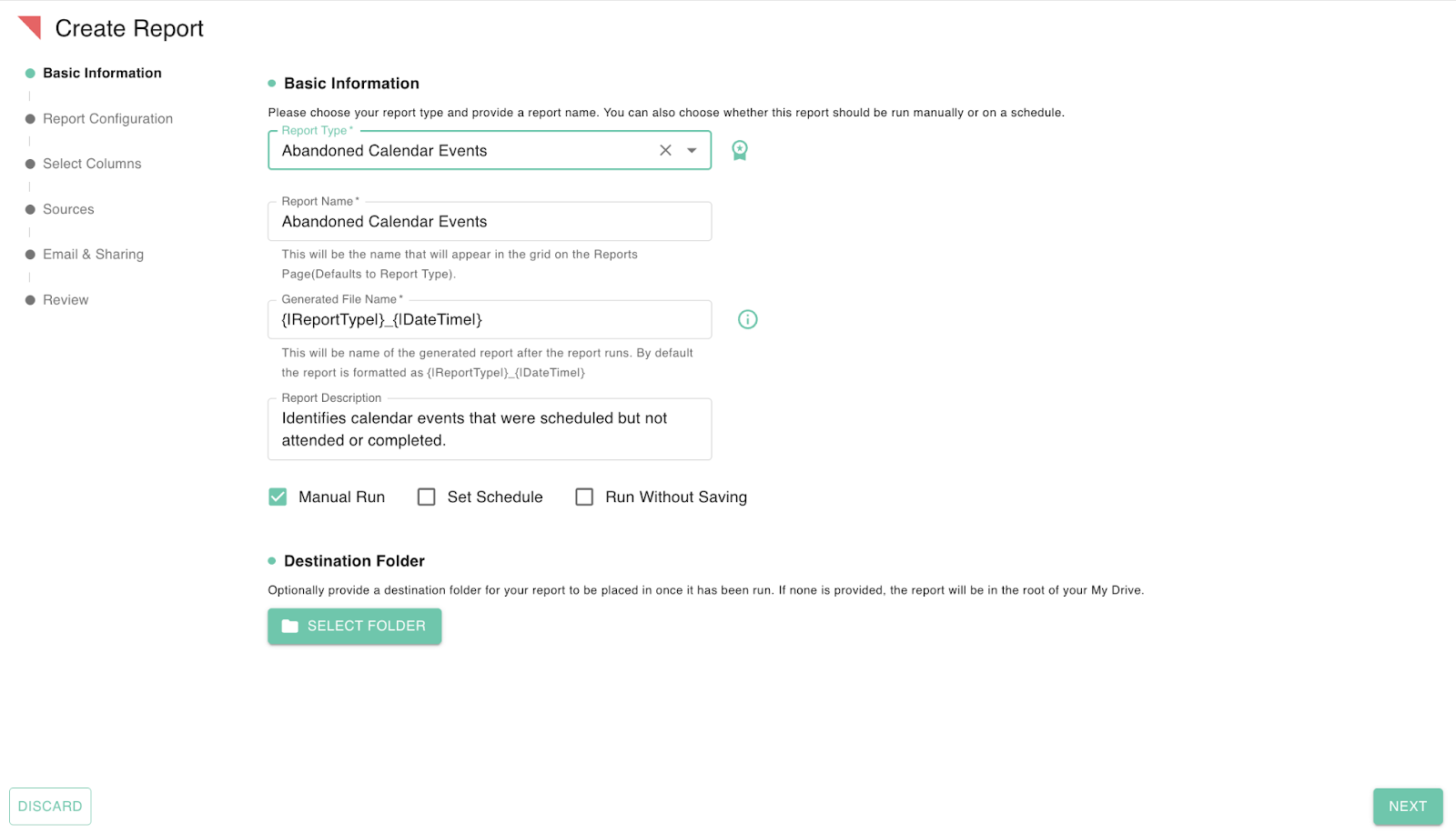 gPanel Create Report interface showing Basic Information setup for an Abandoned Calendar Events report.