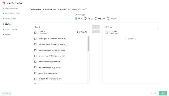 gPanel Create Report Sources interface showing options to select report data from Users, Groups, Org Units, or Domains.