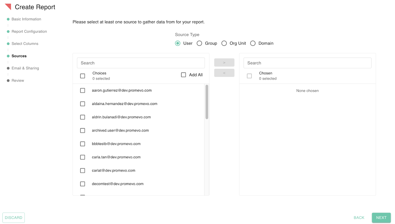 gPanel Create Report Sources interface showing options to select report data from Users, Groups, Org Units, or Domains.