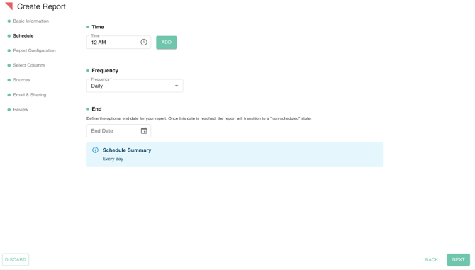 gPanel Create Report schedule configuration screen showing options for time, frequency, and report end date.