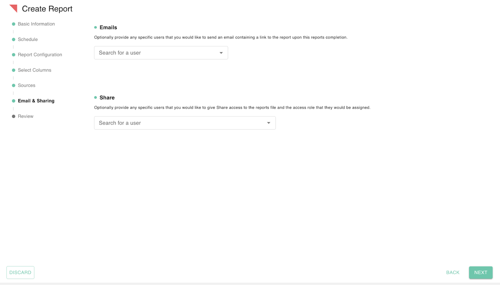 gPanel Email & Sharing configuration screen with user search fields for report notification emails and file sharing access.