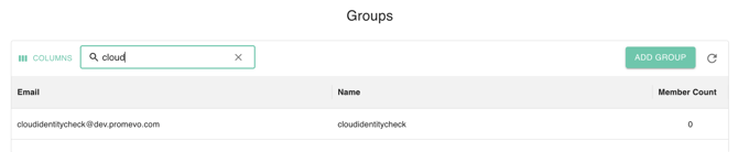 searching for group email address in Groups management interface showing email, name, and member count fields.