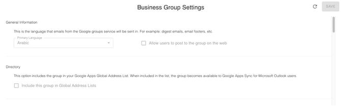 gPanel Business Group Settings for language preferences and Global Address List (GAL) inclusion.