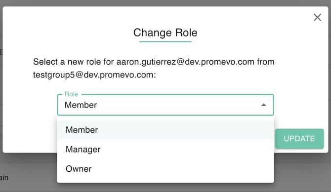 gPanel Change Role dialog for assigning Member, Manager, or Owner permissions to a group user.