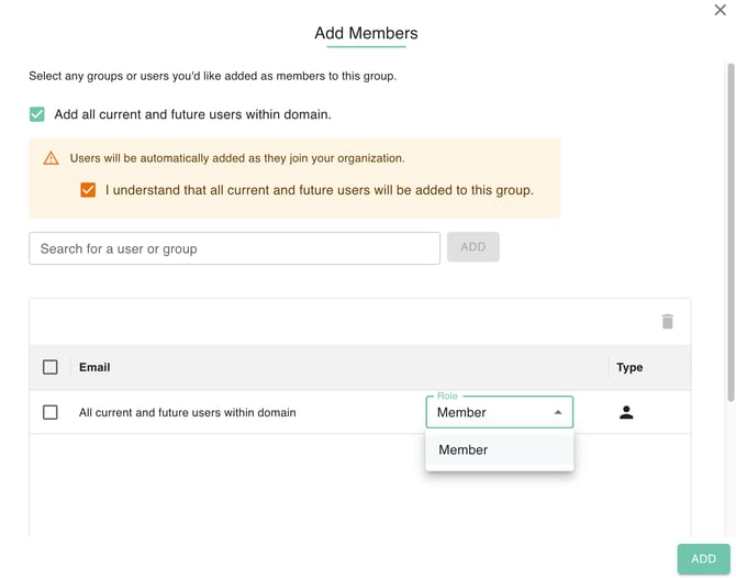 gPanel Add Members dialog with option to automatically add all current and future domain users.