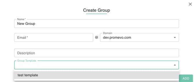 Create Group dialog in the gPanel portal with fields for name, email, domain, and group template.