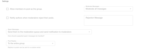 gPanel Group moderation settings for message approval, spam handling, and post replies.