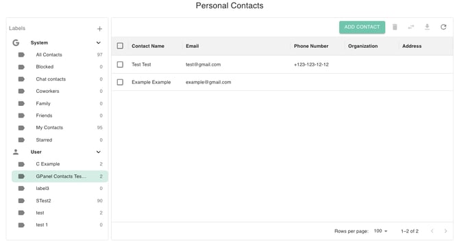 gPanel Personal Contacts dashboard with custom labels, contact list, and Add Contact button.
