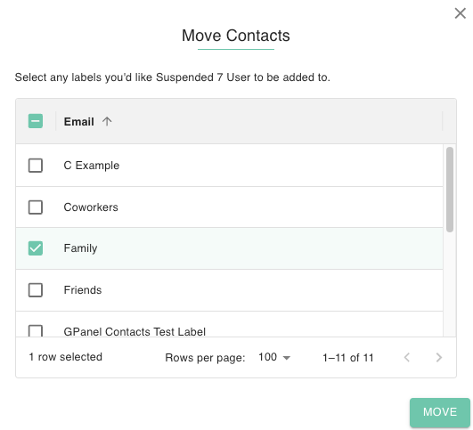 gPanel Move Contacts dialog for reassigning personal contacts to different labels like Coworkers, Family, or Friends.
