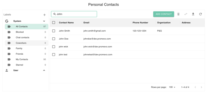 gPanel Personal Contacts search results featuring a list of contacts with email, phone number, and organization details.