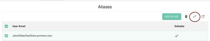gPanel Aliases dashboard with the transfer icon highlighted for reassigning email aliases.