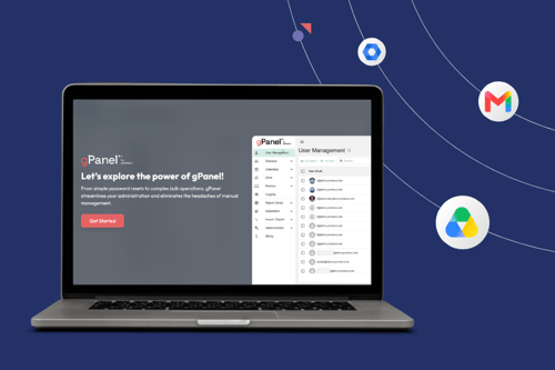 A graphic showing an interactive demo of the gPanel platform on a laptop screen, surrounded by Google Workspace product icons
