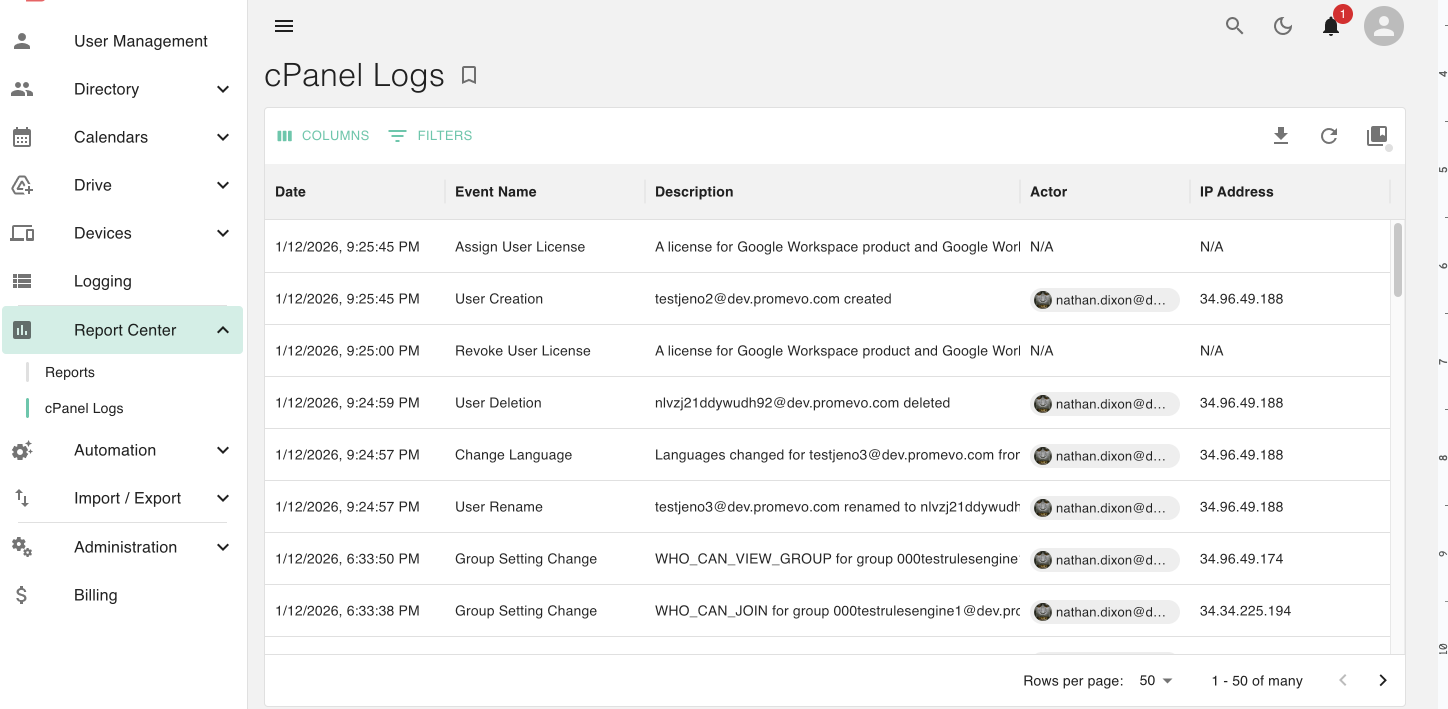 The image displays a screenshot of a computer interface, specifically a log management system named 'cPanel Logs'. It shows a timeline of events with columns for Date, Event Name, Description, and Actor. Each event is associated with an IP address. 