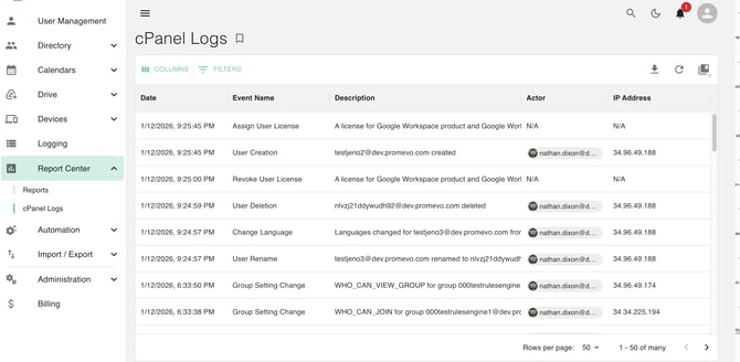 The image displays a screenshot of a computer interface, specifically a log management system named 'cPanel Logs'. It shows a timeline of events with columns for Date, Event Name, Description, and Actor. Each event is associated with an IP address.