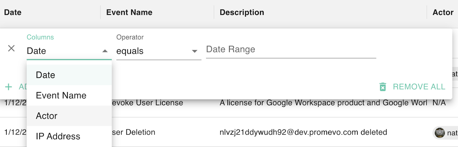 The image shows a user interface from Google Workspace, specifically a ' deleting user license ' event. It includes columns for Date, Operator, Event Name, Description, and Actor. There is a dropdown menu for Date, and an option to filter by the operator 'equals'.