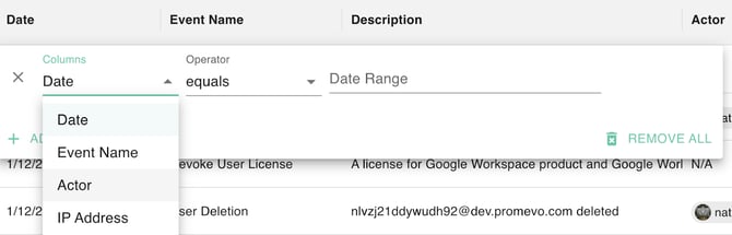 The image shows a user interface from Google Workspace, specifically a ' deleting user license ' event. It includes columns for Date, Operator, Event Name, Description, and Actor. There is a dropdown menu for Date, and an option to filter by the operator 'equals'.