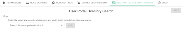The image displays a user interface for a directory search feature within a portal. It includes options such as 'PERMISSIONS', 'ROLE MEMBERS', 'ROLE SETTINGS', 'LIMITED USER VISIBILITY', and 'USER PORTAL DIRECTORY SEARCH'.
