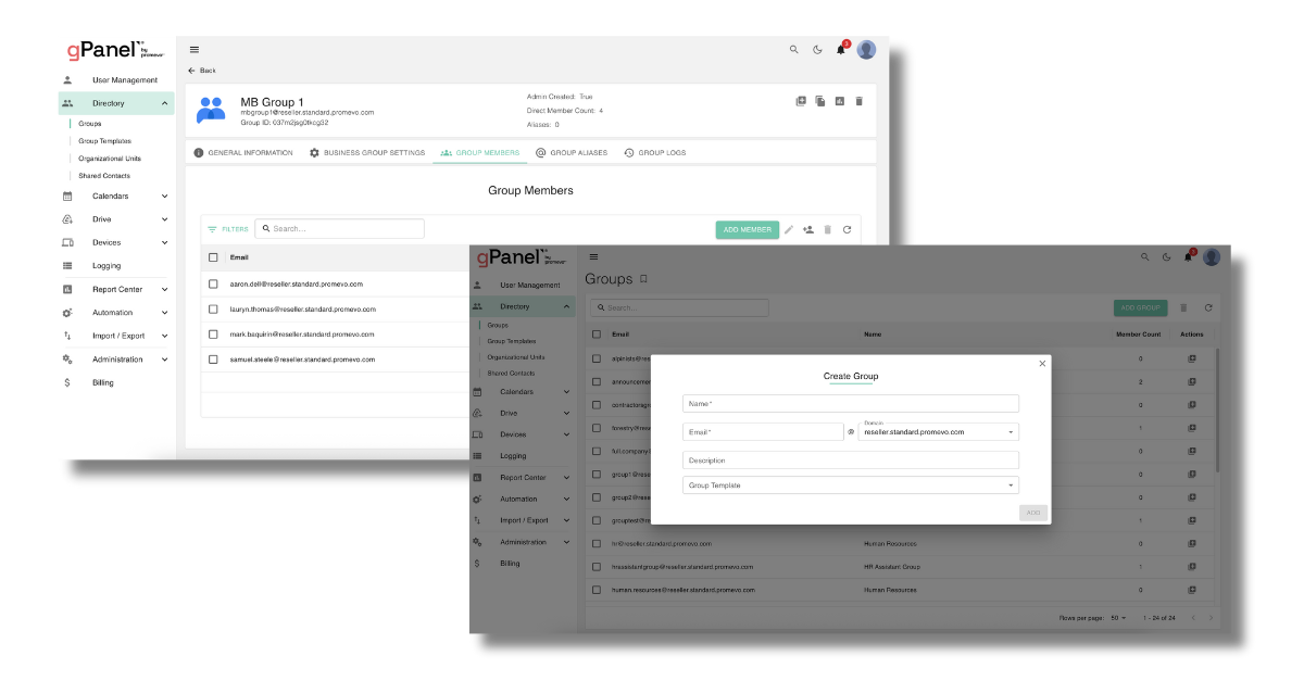 gPanel Group Management Screenshots