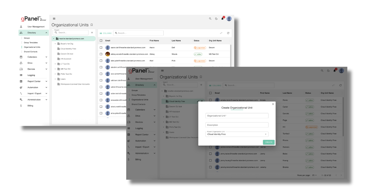 gPanel OU Management Screenshots